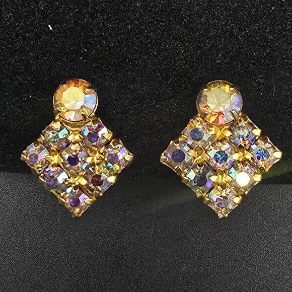 Aurora Borealis Rhinestone Clip On Earrings Vintage Glam Jewelry - Picture 1 of 6